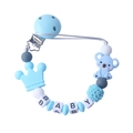 Blue silicone baby pacifier clip with cartoon koala beads and knitted detail on white backdrop - Blue