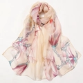 Lightweight beige silk scarf with pink and purple magnolia flower print for women - 160cm / Magnolia Yellow