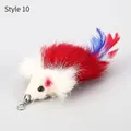 Plush mouse replacement head for cat teaser wand with colorful feathers and a small bell - Mouse Style 10 / [product Attributes] This Product Is A [mouse-shaped Pet Cat Toy]. The Main Body Is Made Of [red And White Faux Fur Material] Giving It A Fluffy Texture. The Tail Is Decorated With [red And Blue Feathers] And The Nose Has A [metal Ring Connector] For Easy Hanging Or Use With A Cat Toy. Style Number 10. [visual Presentation] The Image Uses A Classic [e-commerce White Background Display Image] Layout With Evenly Distributed Light And Shadow Placing The Product In The Visual Center. Image Quality Is [high] With Accurate Focus And Clear Texture Details. Aesthetics Are [medium] With An Overall Score Of [7.5]. The Composition Is Upright But The Display Format Is Relatively Basic And Lacks A Contextualized Brand Tone. [text Content] The `to_translate` Group Contains "style 10" (key Parameter); The `to_remove` Group Contains "all Prices Listed Are Unit Prices" (b2b Price Explanation). It Is Recommended To Retain The Translated Specifications And Eliminate Redundant Descriptions. [logistics Tags] None [infringement Risk] Product Infringement: None Probability 0.0. Background Infringement: None. 【product Parameters】style: 10; Sales Unit: Single.