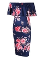 Schulterfreies Umstandskleid in Dunkelblau mit elegantem rotem und rosa Rosen-Blumenmuster - S / Königsblau