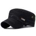 Men's washed black cotton flat top army cap with vintage texture and sport label - Adjustable / Black