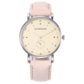 Detail of pink leather strap and silver case with yellow dial quartz watch - Beige