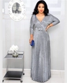 Elegant silver pleated maxi dress with sequins, V-neck, long sleeves and matching belt - S / Silver