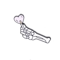 Detail of enamel skeleton hand pin holding a heart lollipop with sharp metal edges - White Skeleton Hand/Light Pink Heart Lollipop