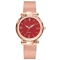 Women's rose gold mesh watch with a shimmering red dial and faceted glass crystal cover - Red