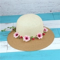 Two-tone woven straw sun hat with floral wreath decoration for beach vacations - Beige Crown Light Coffee Brim