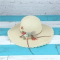 Beige wide brim straw sun hat with striped ribbon and grey flower for women - Adult M (56-58cm) / Beige