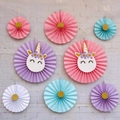 Detail of colorful paper fan decorations with golden foil unicorn designs and pastel colors - Unicorn Theme 8pcs Set