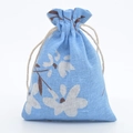 Small blue floral cotton drawstring jewelry pouch with white flowers and hemp rope - Blue White Floral