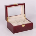 Deep red wood grain 3-slot watch box with glass window and beige velvet lining - 3 Slots Red