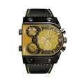 Oulm multi-timezone watch with black steel case, gold dial and yellow stitched strap - Yellow