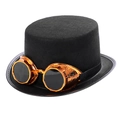 Zwarte steampunk hoge hoed met gouden vintage bril en gladde vilten afwerking - Eén maat / Zwarte hoed met gouden bril