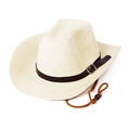 Men's western straw cowboy hat in beige with leather band and adjustable chin strap - L (58-60cm) / Creamy White