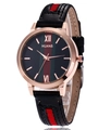 Vintage style black leather quartz watch with red-green stripes and rose gold case - Black