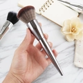 Large silver tapered handle powder brush with soft brown gradient bristles for makeup - Gunmetal Brown Hair