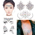 Macro detail of iridescent rhinestone face and chest gems for festival makeup looks - Set 15