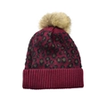 Winter knitted leopard print beanie in burgundy with a soft faux fur pom-pom detail - Wine Red-Adult