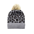Knitted beanie with leopard print and faux fur pompom in brown and grey tones - Gray-Adult