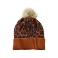 Adult knit beanie with caramel leopard print and plush pompom decorative detail - Adult Size / Orange-Adult