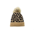 Khaki leopard print knitted beanie with fluffy brown pom pom and ribbed cuff - Camel-Kids