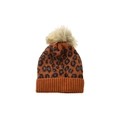 Orange leopard print knitted beanie for adults with a fluffy faux fur pompom detail - Kids Size / Orange-Kids