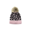 Pink leopard print knit beanie for kids with a large brown faux fur pom pom - Kids Size / Pink-Kids