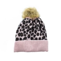 Detail of pink knitted beanie featuring leopard print and a soft faux fur pompom - Pink-Adult