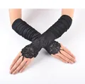 Lange schwarze rüschenlose fingerlose Spitzenhandschuhe mit Pailletten für Hochzeitskleider - Schwarz