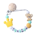 Detail of baby pacifier clip with silicone koala, crown charms and BABY letter beads - Yellow