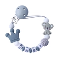Detailed view of silicone koala teething clip with wood beads and BABY letter charms - Gray