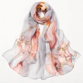 Elegant grey long silk scarf with pink floral patterns and a soft translucent texture - 160cm / Magnolia Grey