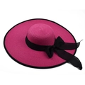 Wide brim straw sun hat in rose pink featuring a large black ribbon bow for beach vacations - Rose Red