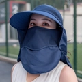 Cappello parasole da donna 3 in 1 blu scuro con tesa larga, maschera e protezione collo - ZM Classico / Blu navy