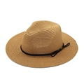 Panama style straw sun hat with black braided cord detail on white background - Natural Color