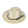 Beige woven straw fedora hat for sun protection with black braided rope trim - Cream