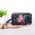 Three-layer floral fabric wallet with pink rose print and wrist strap in black - Black Rose & Floral