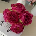 Artificial deep pink peony bouquet with five blooming heads for home flower decoration - Rose Red