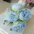 Five-head artificial silk peony bouquet in soft light blue for wedding and home decor - Blue