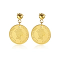 Retro Elizabeth coin drop earrings in 18K gold plated titanium steel on white background - Gold