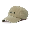 Detail of washed green cotton baseball cap with embroidered black CHANCE text and stitching - Adjustable / Khaki