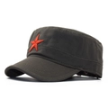 Detail of red star embroidery on army green cadet cap with cotton canvas texture - Adjustable / Flat Top Red Star Style / Army Green