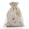 Floral print cotton drawstring jewelry pouch with rustic linen texture for gifts - Dark Green Dandelion