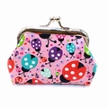Detail of pink ladybug coin purse with silver metal clasp and floral pattern - Pink