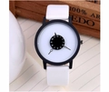 Minimalist quartz watch with white leather strap and black round matte case in monochrome - White