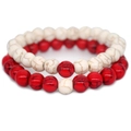 Set of two 8mm round bead elastic bracelets in marble white and vibrant red stone - Red and White Cracked Set / Red & White