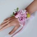 Pink and purple artificial rose wedding wrist corsage with white organza ribbon - Vintage Pink Purple Wrist Flower