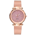 Women's rose gold quartz watch with pink glitter dial and mesh strap on clean background - Pink