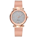Women's rose gold quartz watch with shimmering silver glitter dial and mesh Milanese band - White