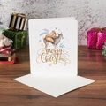 Square Christmas card with fox and deer watercolor art and a gold Merry Christmas font - White Base Fawn