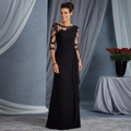 Elegant black lace evening dress featuring sheer floral sleeves and a floor-length silhouette - S / Dresses / Black
